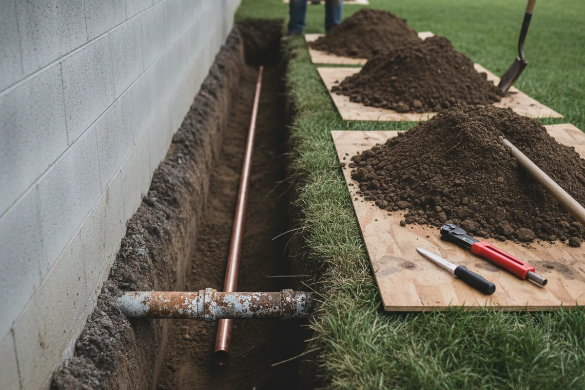 Excavated water line trench during Water Heater Repair in Greensburg